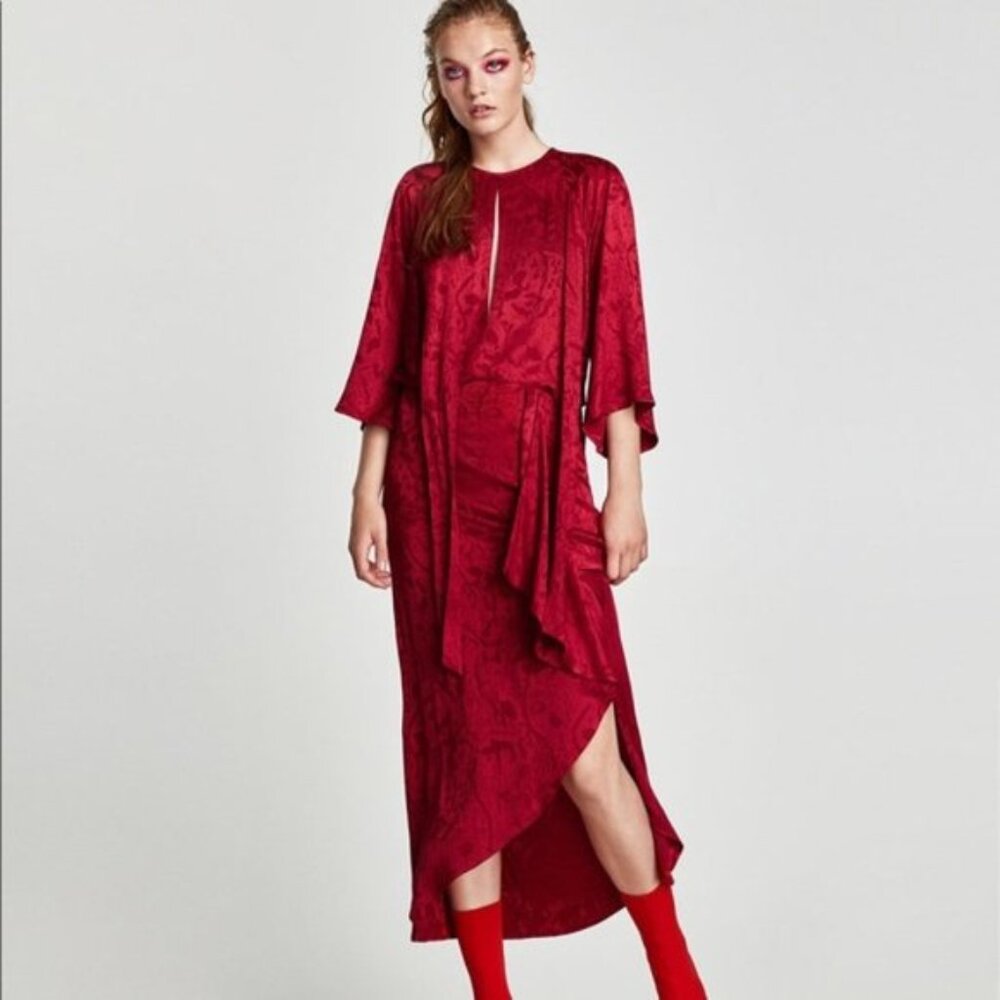🔥 ZARA Red Jacquard Draped Midi Dress 🔥